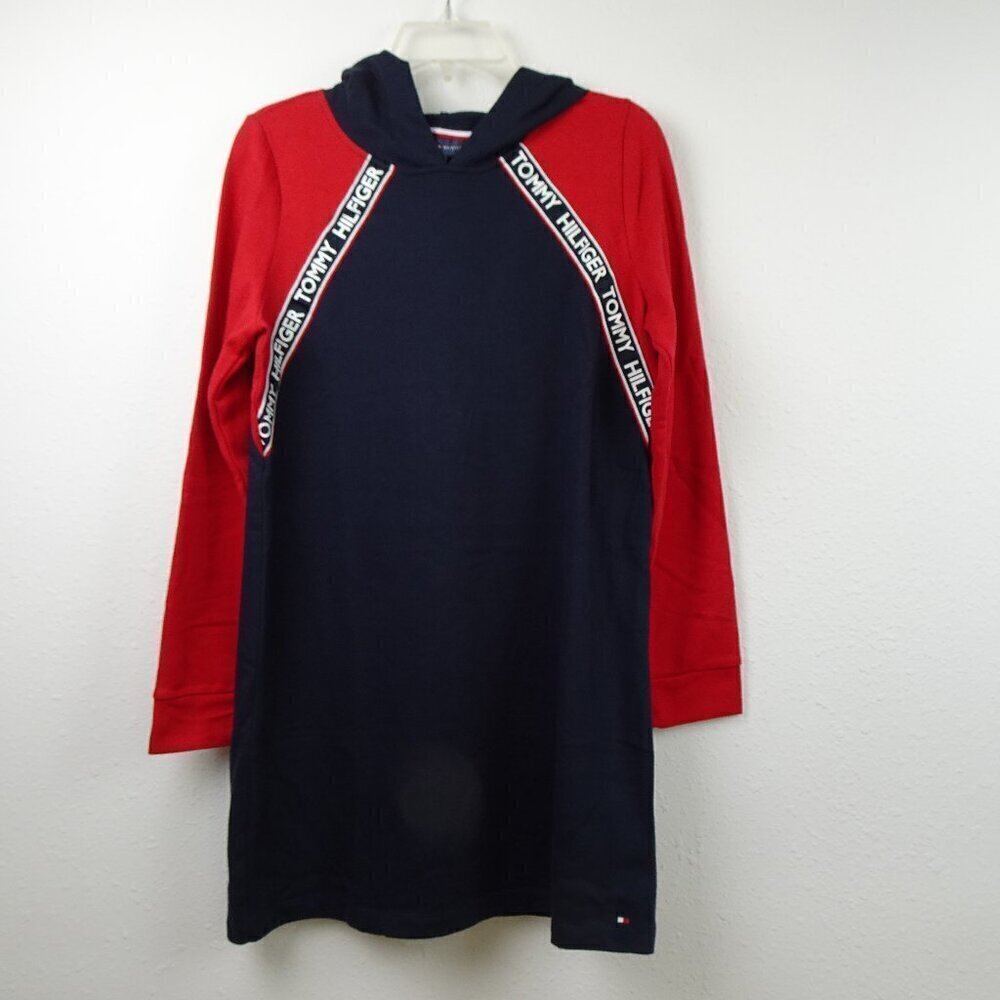 Tommy Hilfiger Hooded Dress Women's Petite Size MP Blue Red Logo Casual